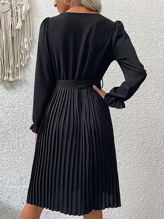 Decorative Button Belted Puff Sleeve Pleated Dress  Dresses- Doll Fits