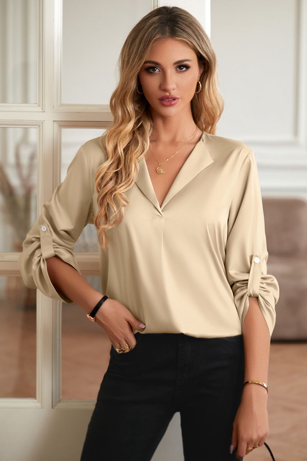 Roll-Tab Sleeve Collared Neck Blouse  - Doll Fits