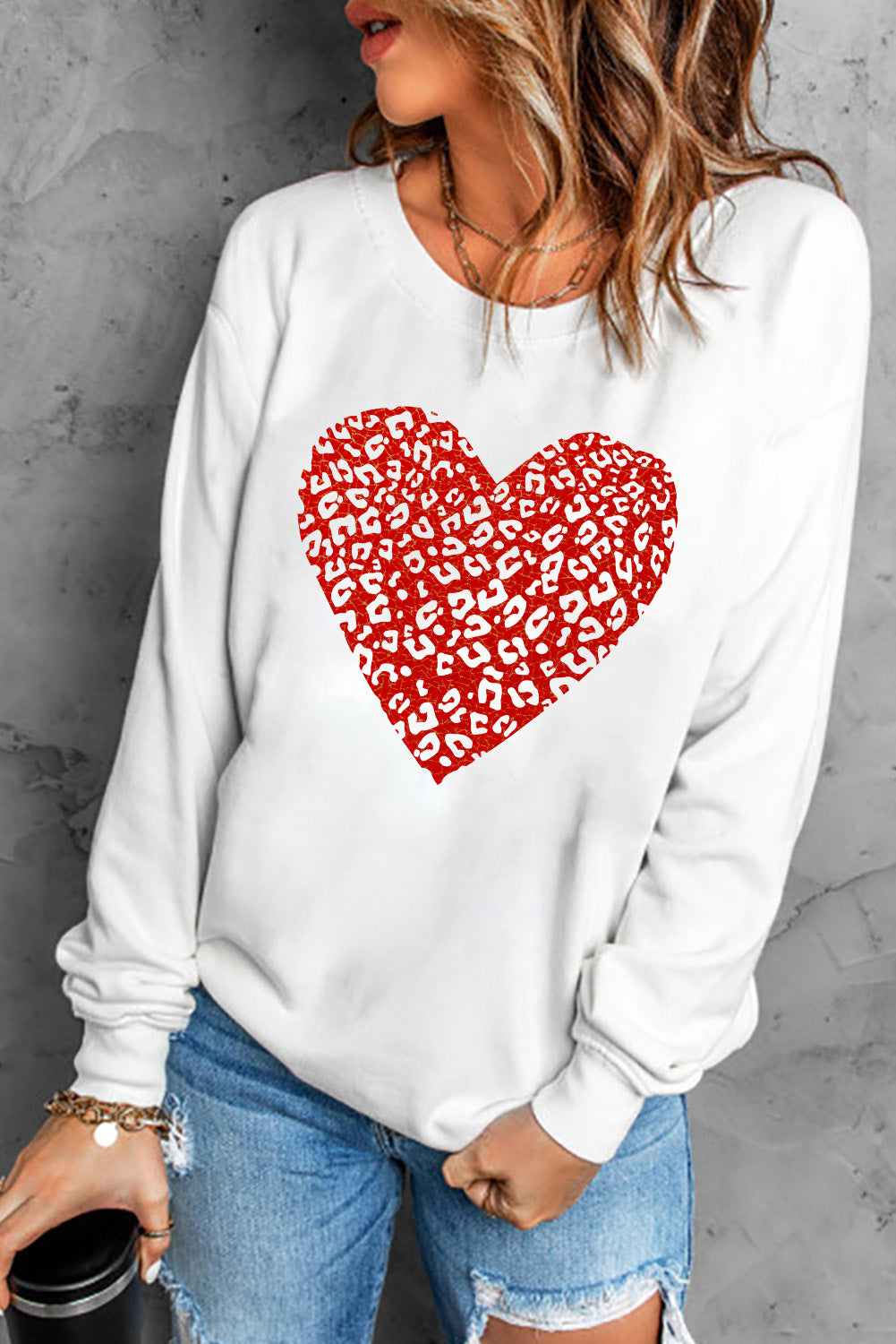 Leopard Heart Graphic Drop Shoulder Sweatshirt  Shirts & Tops- Doll Fits