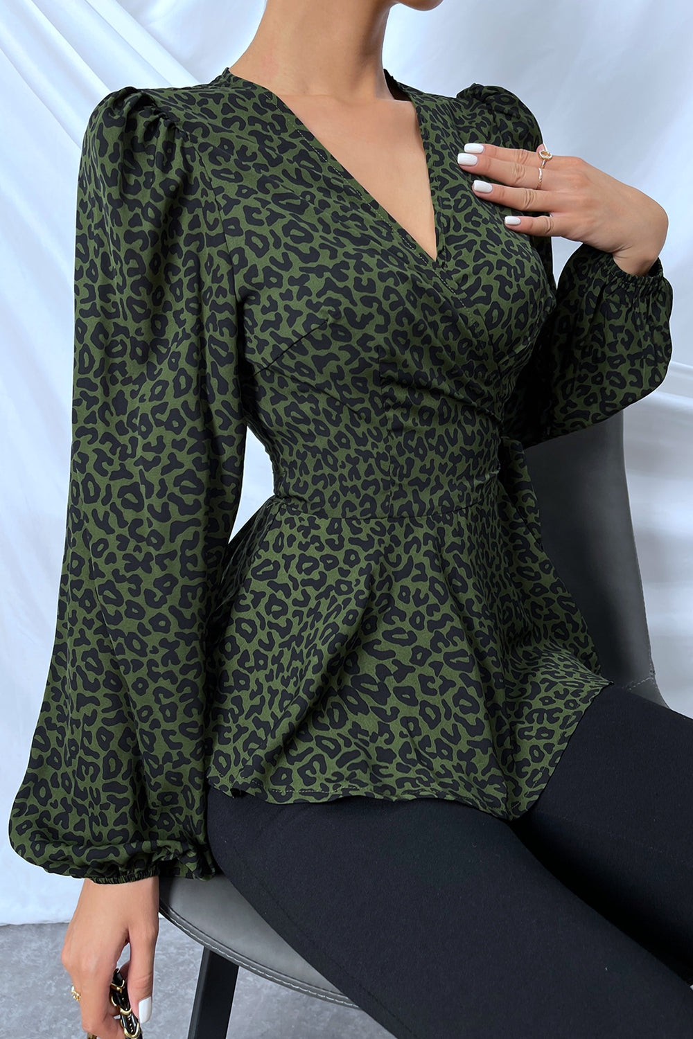 Surplice Neck Leopard Print Side Tie Blouse  - Doll Fits