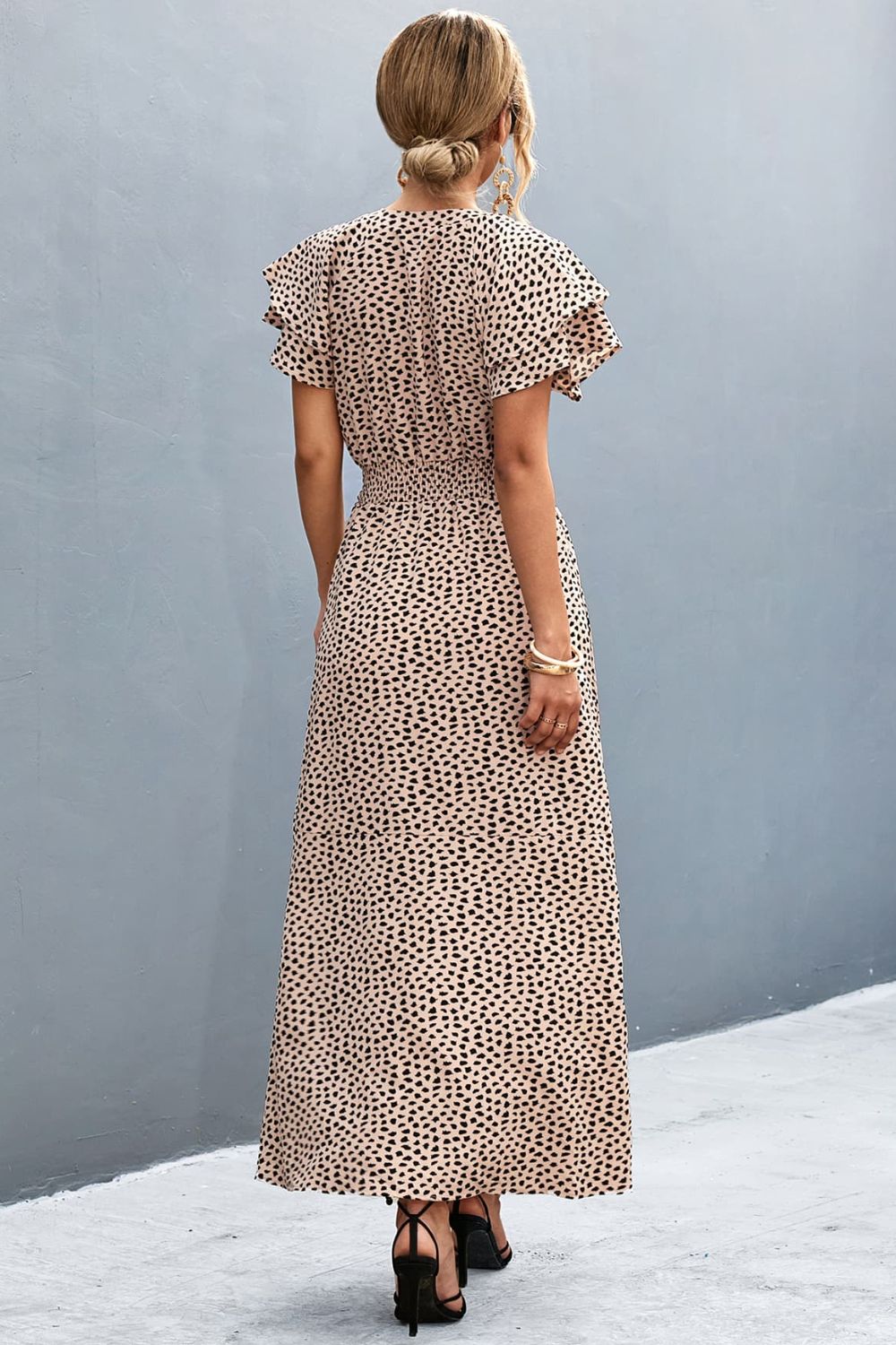 Printed Tie-Neck Flutter Sleeve Split Dress  Dresses- Doll Fits