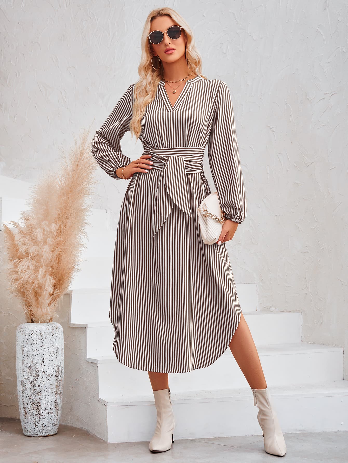 Striped Notched Neck Curved Hem Long Sleeve Dress  Dresses- Doll Fits