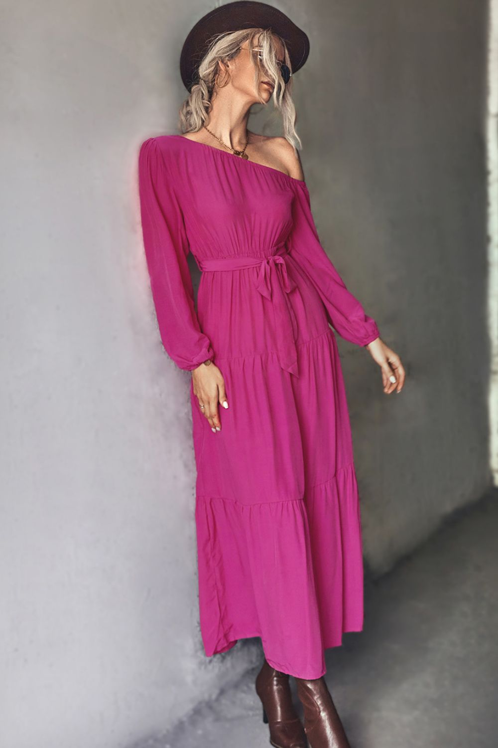 Belted One-Shoulder Tiered Maxi Dress  Dresses- Doll Fits
