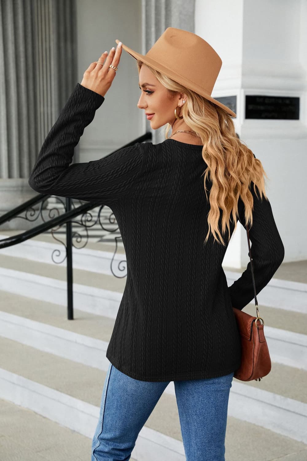 Cable-Knit Long Sleeve V-Neck T-Shirt  - Doll Fits