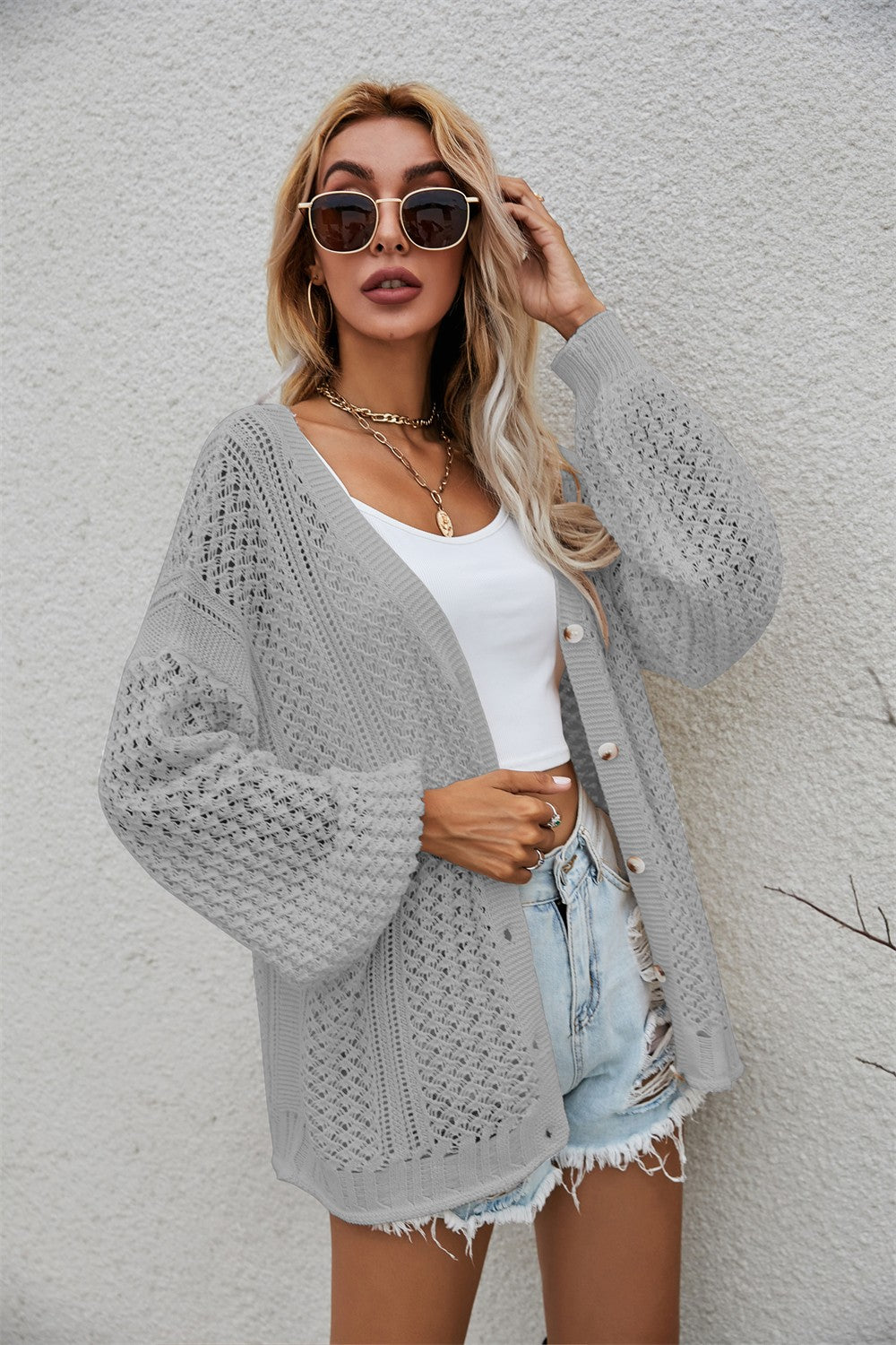 Openwork V-Neck Dropped Shoulder Cardigan  Coats & Jackets- Doll Fits