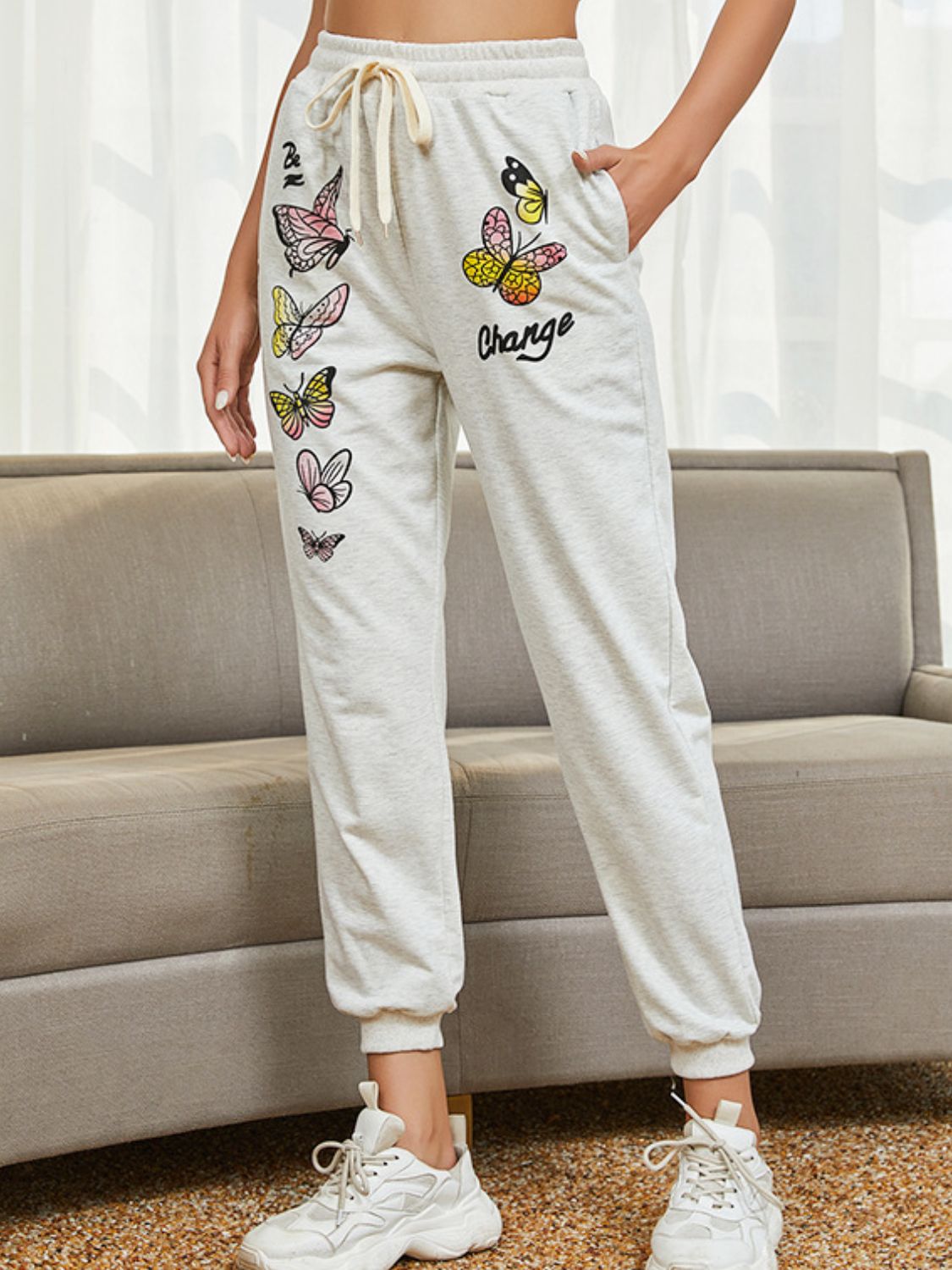 Tie Front Butterfly Graphic Long Pants  - Doll Fits