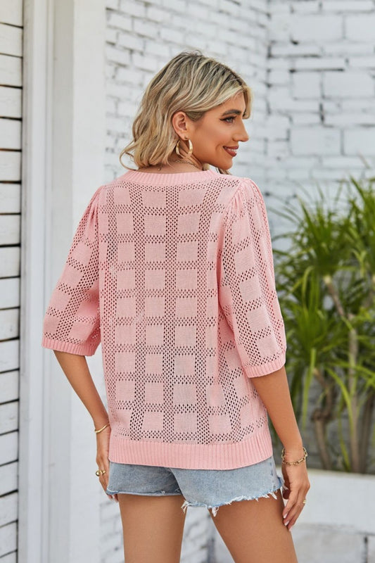 Ribbed Trim Round Neck Knit Top  Shirts & Tops- Doll Fits