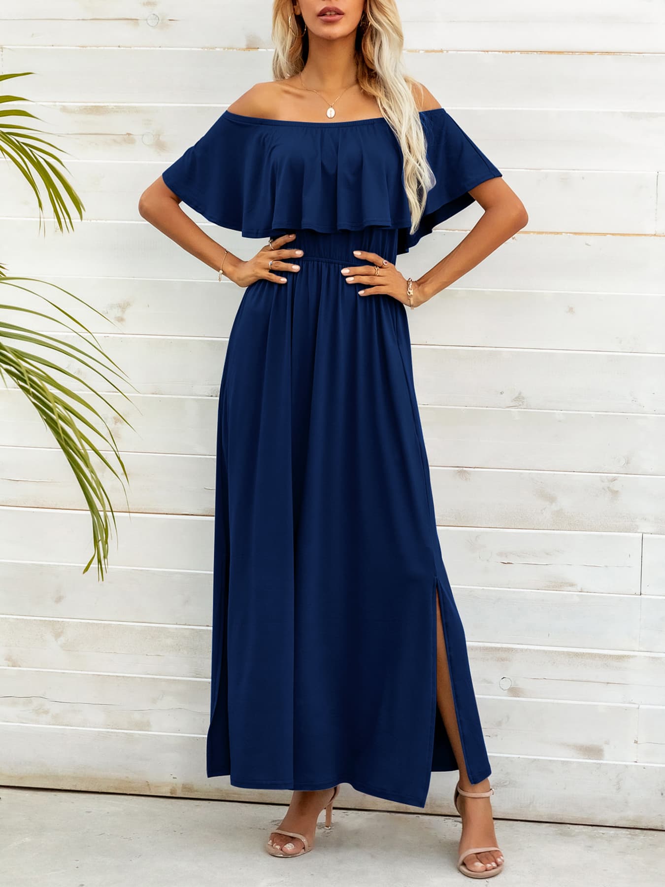 Off-Shoulder Slit Maxi Dress  Dresses- Doll Fits