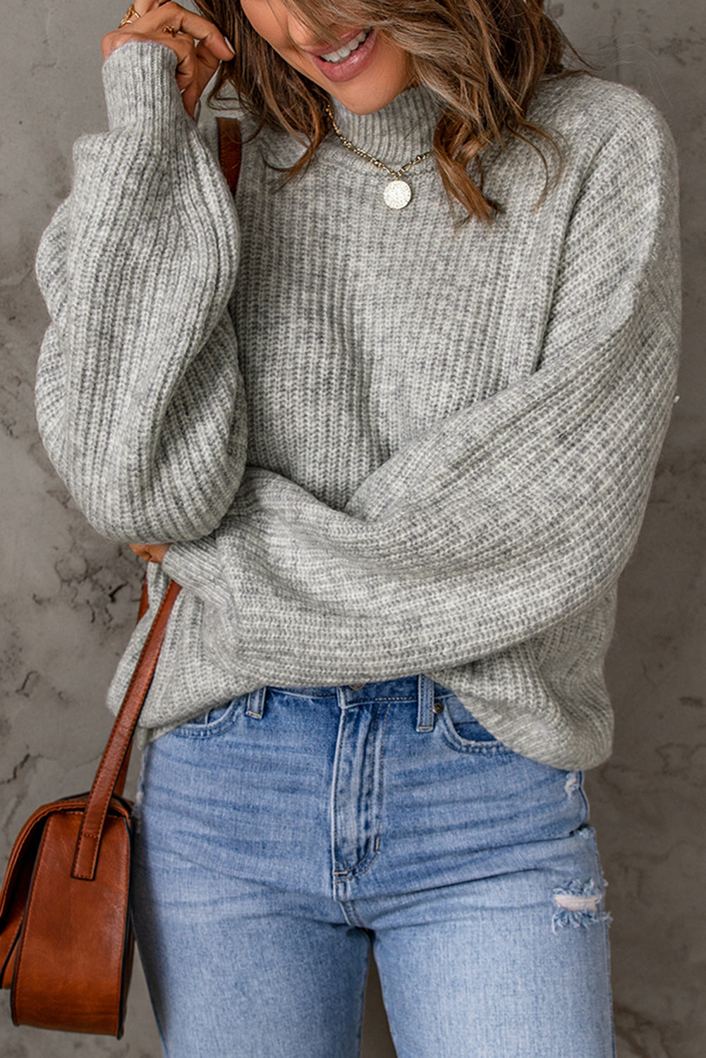 Heathered Balloon Sleeve Rib-Knit Sweater  Shirts & Tops- Doll Fits