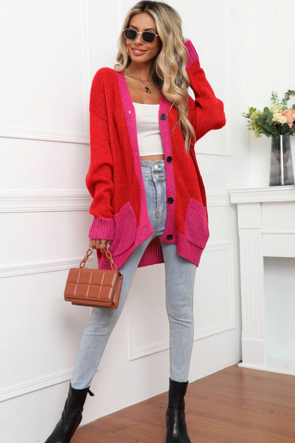 Contrast Detail Button-Up Cardigan with Pockets  Coats & Jackets- Doll Fits