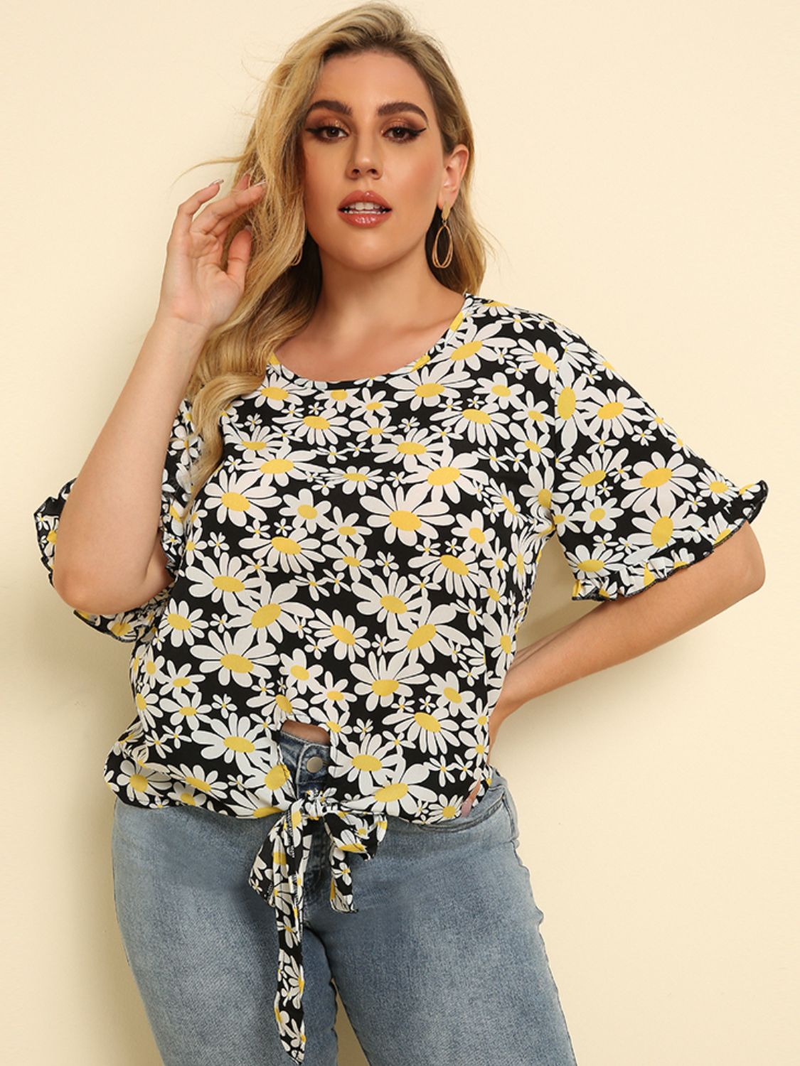 Plus Size Floral Round Neck Tie Hem Blouse  Shirts & Tops- Doll Fits