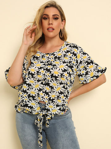 Plus Size Floral Round Neck Tie Hem Blouse  Shirts & Tops- Doll Fits