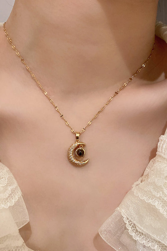 Inlaid Cubic Zirconia Moon Pendant Necklace  Necklaces- Doll Fits