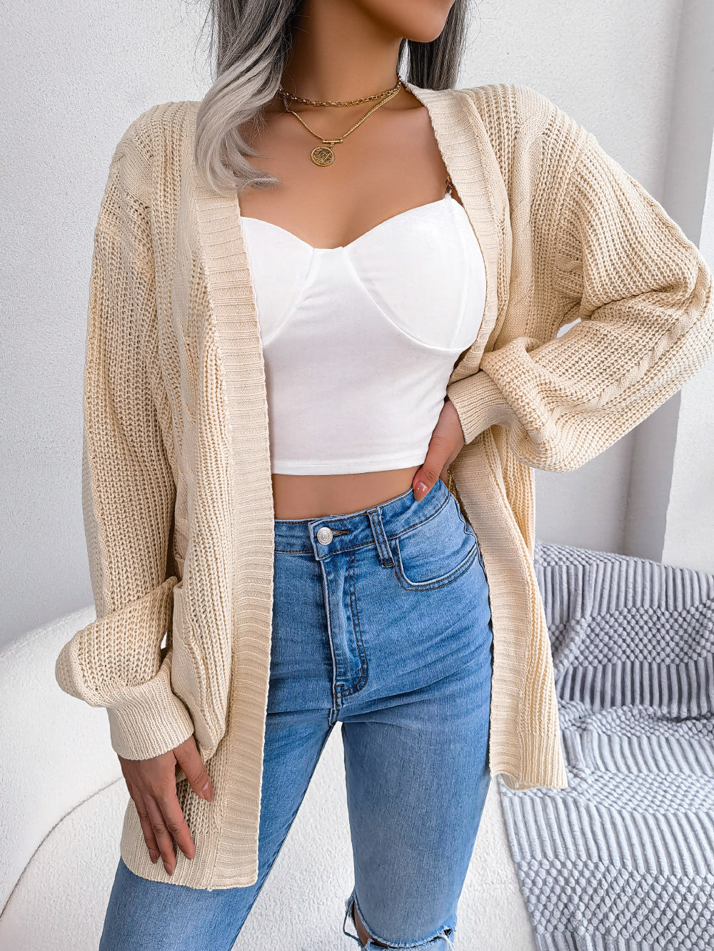 Cable-Knit Open Front Pocketed Cardigan  Coats & Jackets- Doll Fits