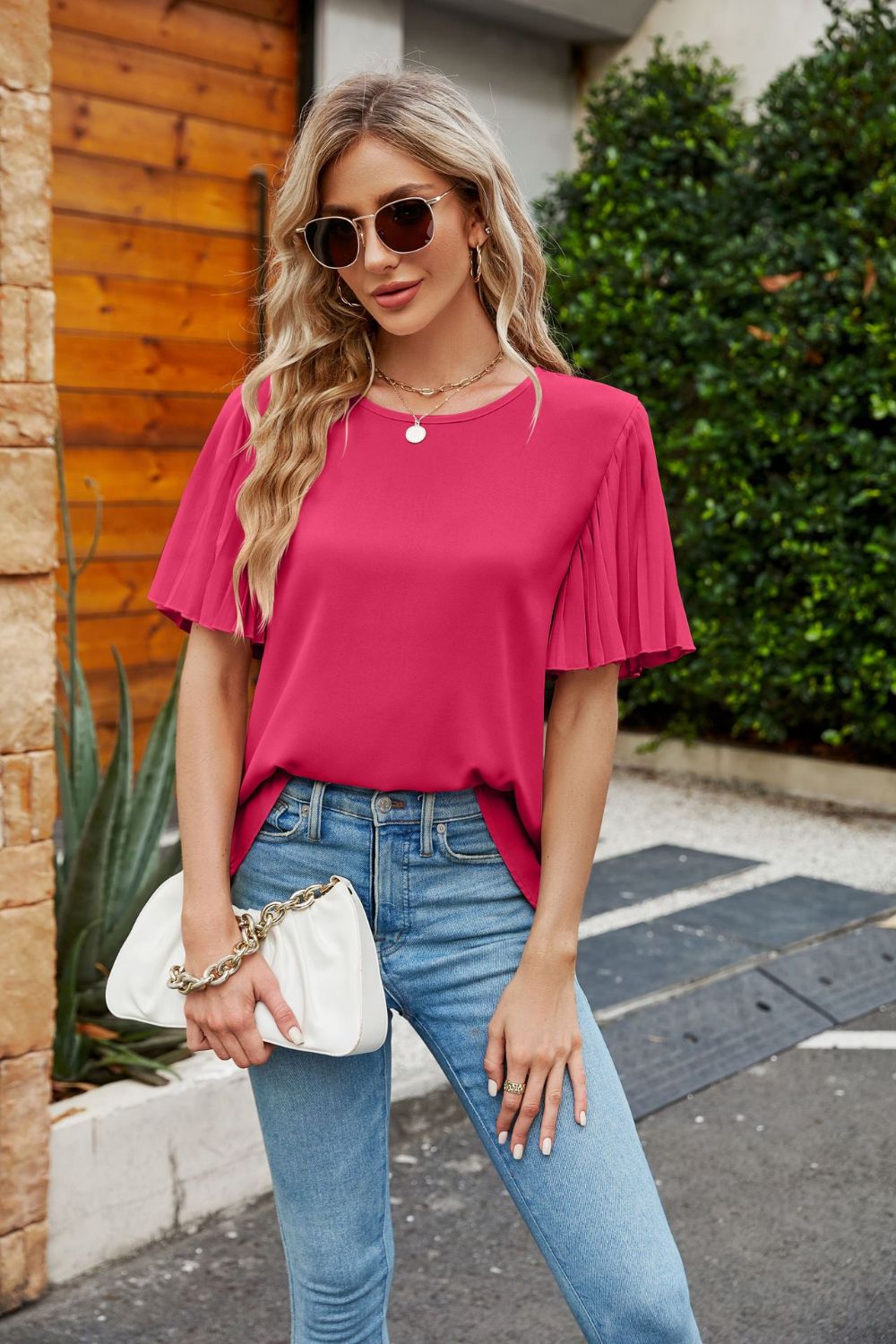 Pleated Flutter Sleeve Round Neck Blouse  Shirts & Tops- Doll Fits