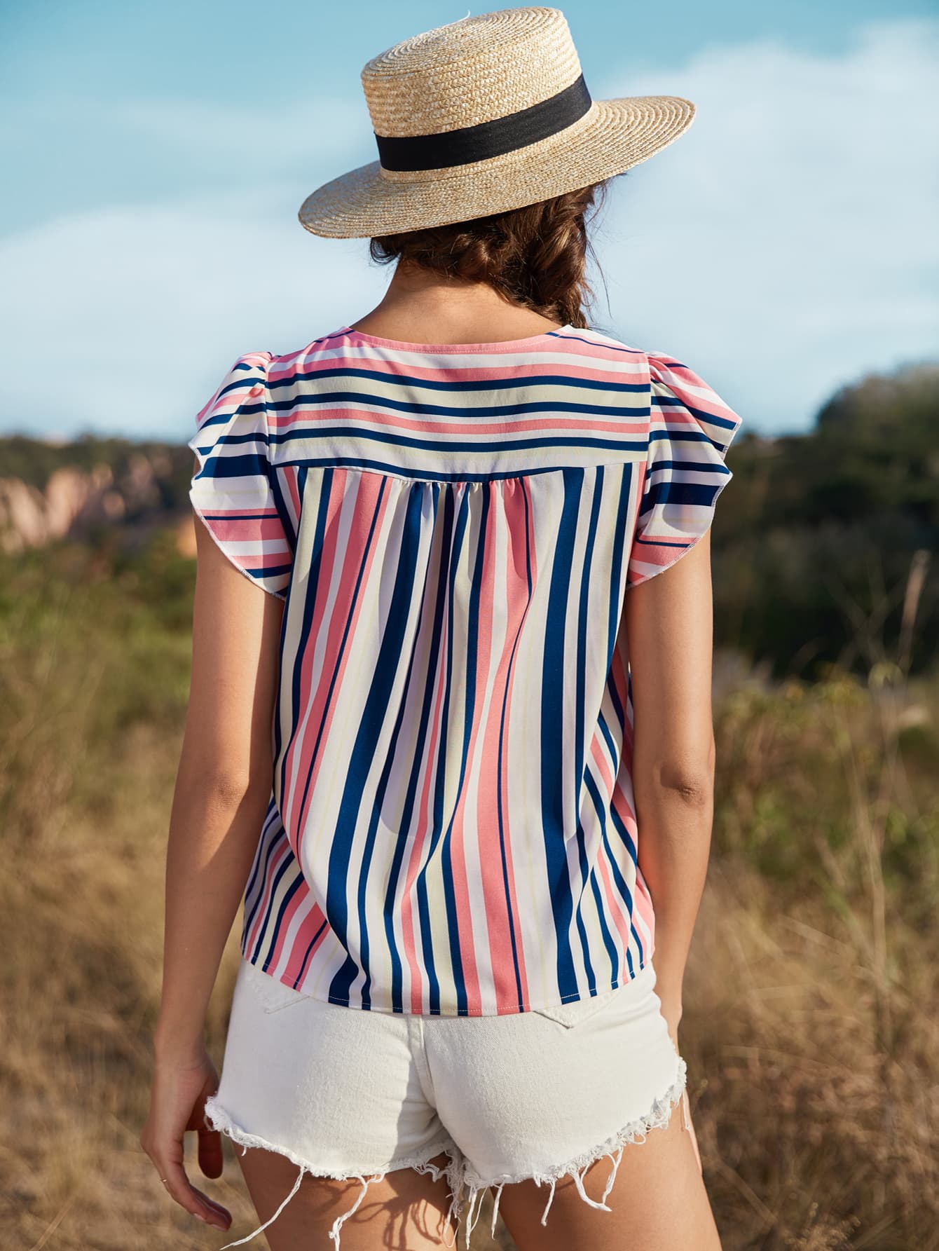 Striped Flutter Sleeve Tied Blouse  Shirts & Tops- Doll Fits