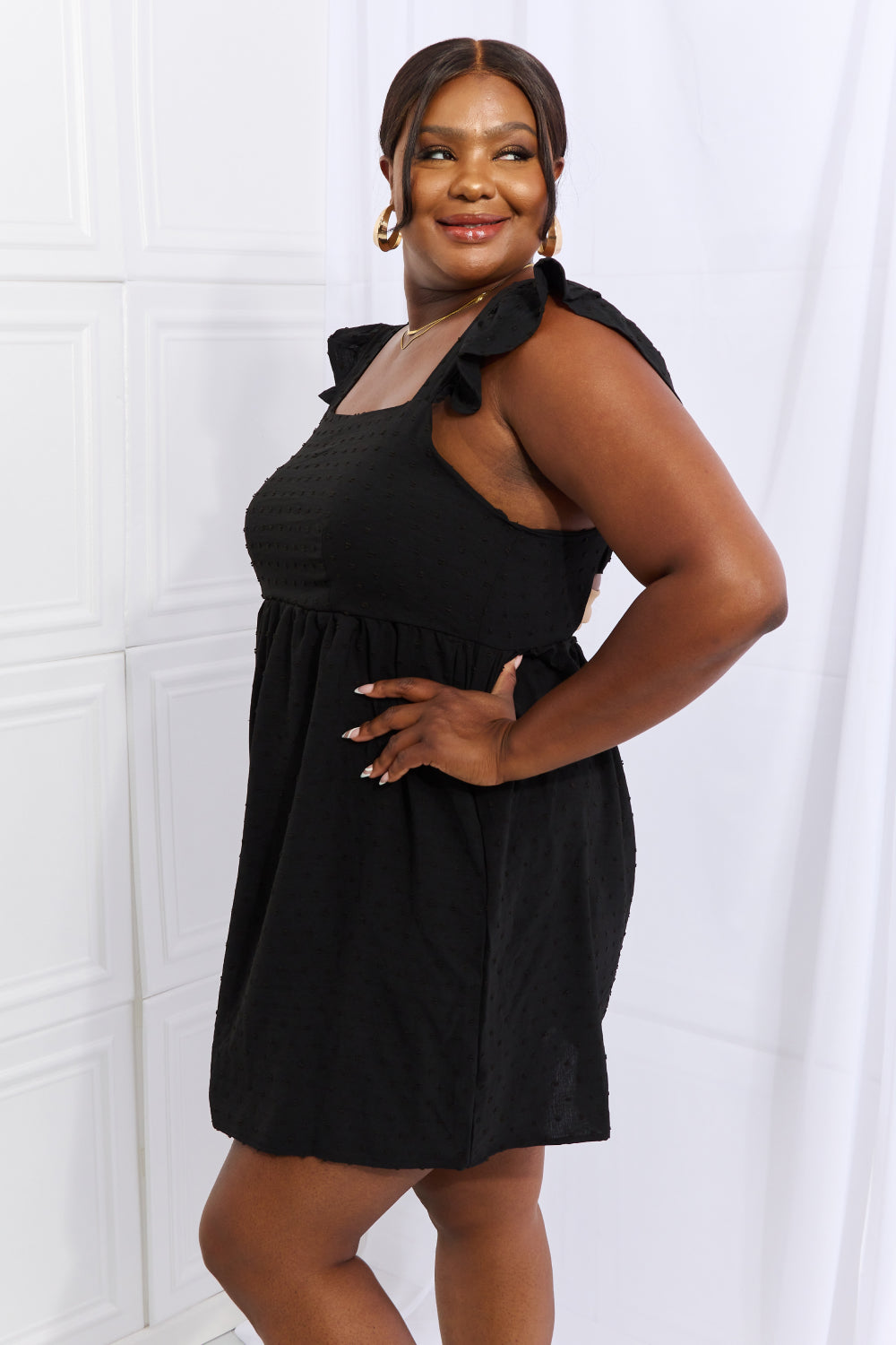 Culture Code Sunny Days Full Size Empire Line Ruffle Sleeve Dress in Black  Dresses- Doll Fits