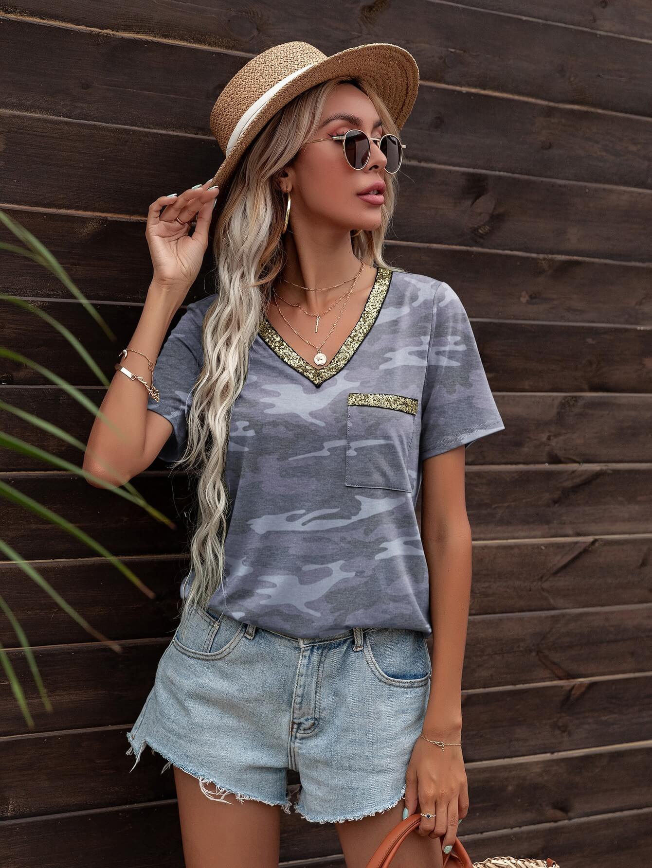 Glitter V-Neck Short Sleeve Tee Shirt  Shirts & Tops- Doll Fits