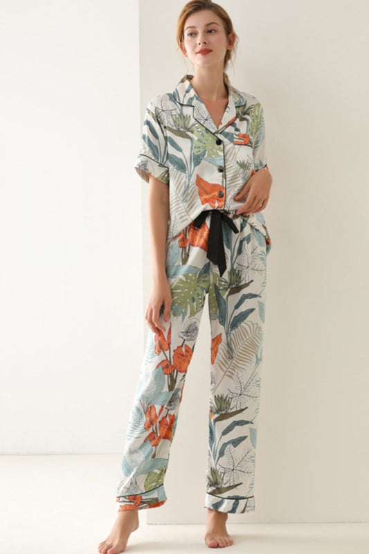 Botanical Print Button-Up Top and Pants Pajama Set  Sleepwear & Loungewear- Doll Fits