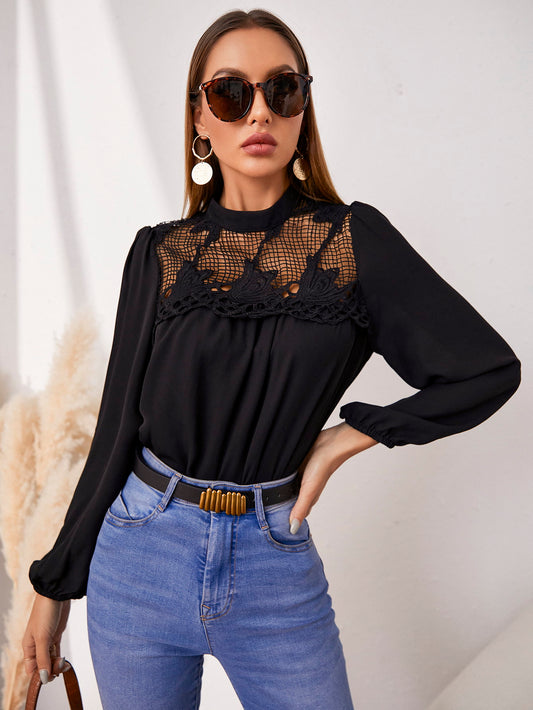 Openwork Round Neck Puff Sleeve Blouse  - Doll Fits