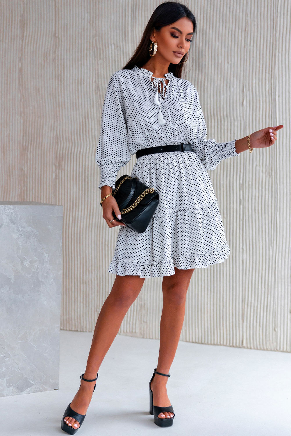 Polka Dot Tassel Tie Ruffle Hem Dress  Dresses- Doll Fits