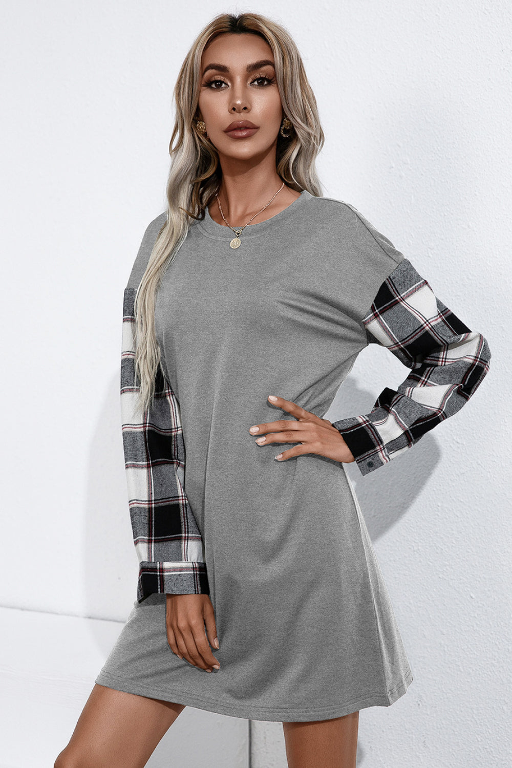 Palmer Plaid Sleeve Contrast T-Shirt Dress  Dresses- Doll Fits