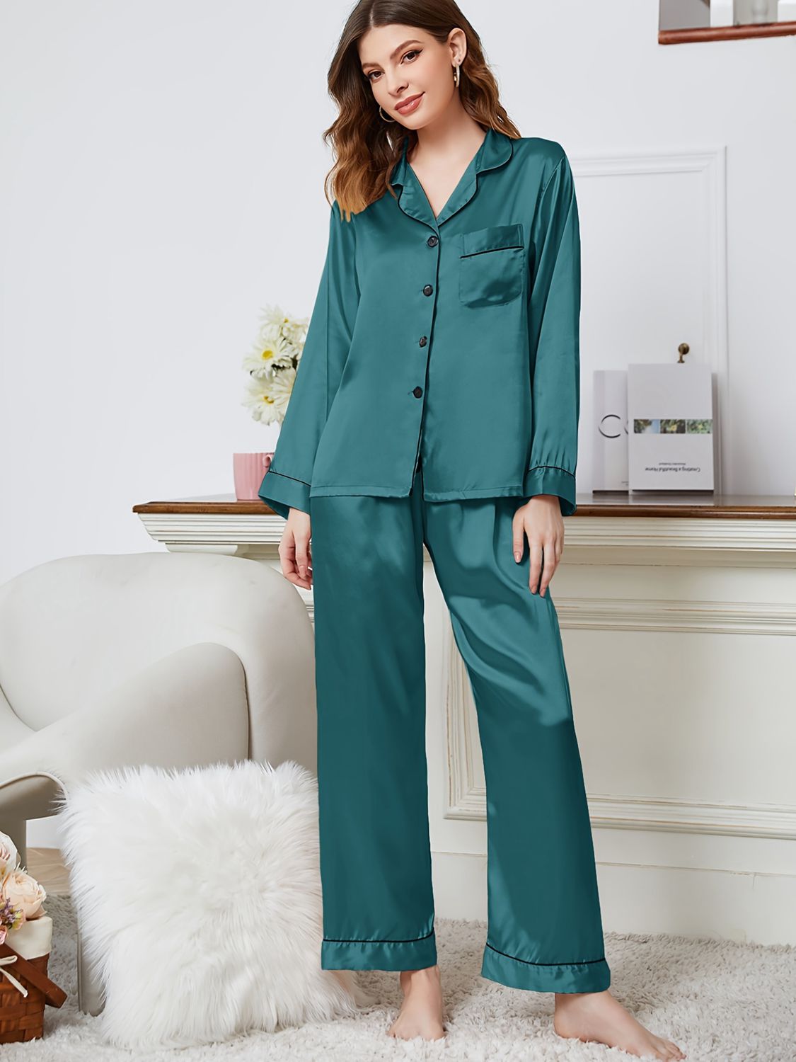 Lapel Collar Long Sleeve Top and Pants Pajama Set  - Doll Fits