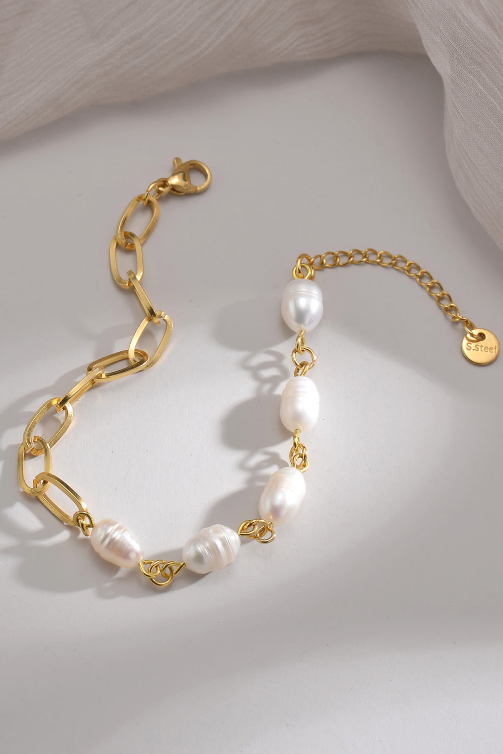 Half Pearl Half Chain Stainless Steel Bracelet  Bracelets- Doll Fits