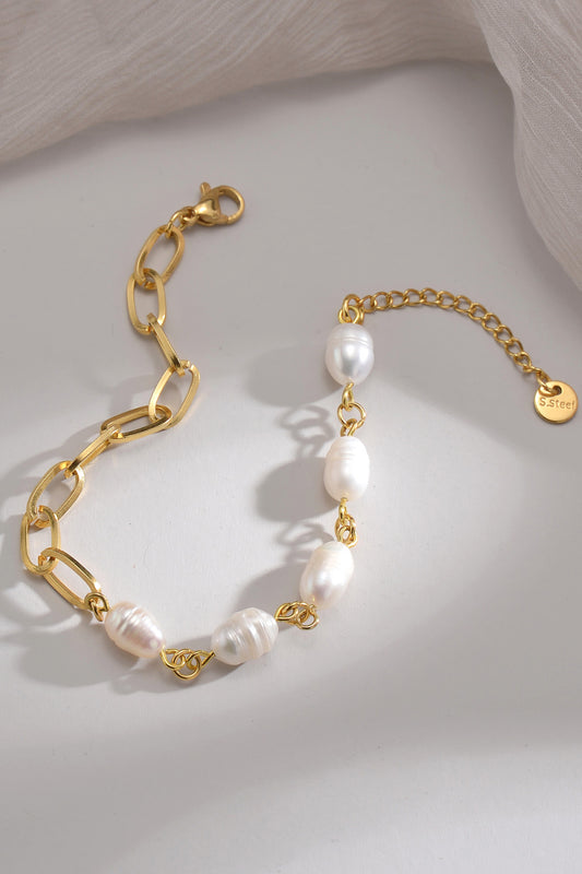 Half Pearl Half Chain Stainless Steel Bracelet  Bracelets- Doll Fits