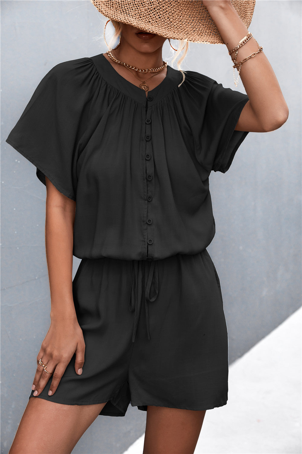 Buttoned Gather Detail Romper  Jumpsuits & Rompers- Doll Fits