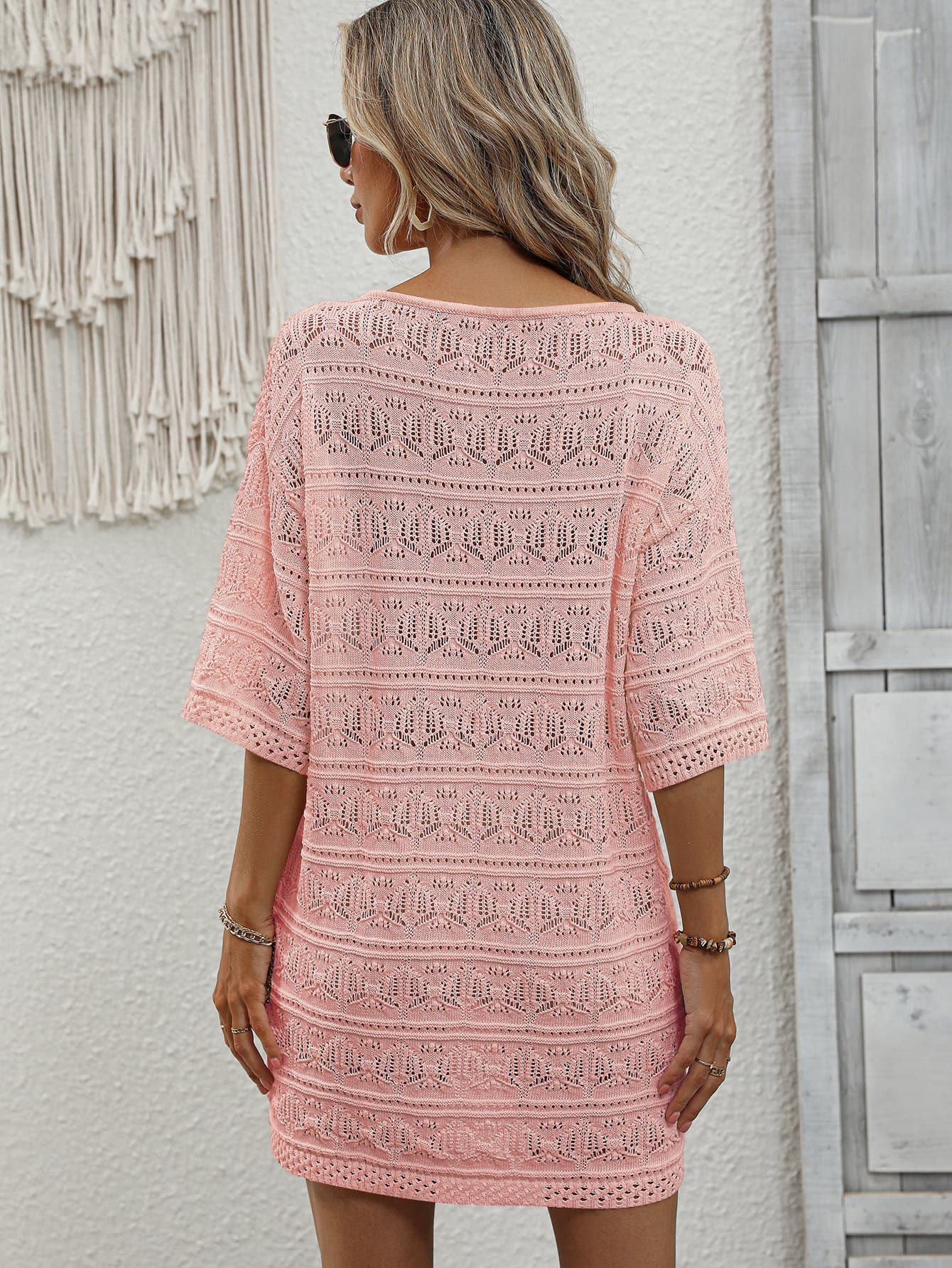 Openwork V-Neck Mini Knit Dress  Dresses- Doll Fits