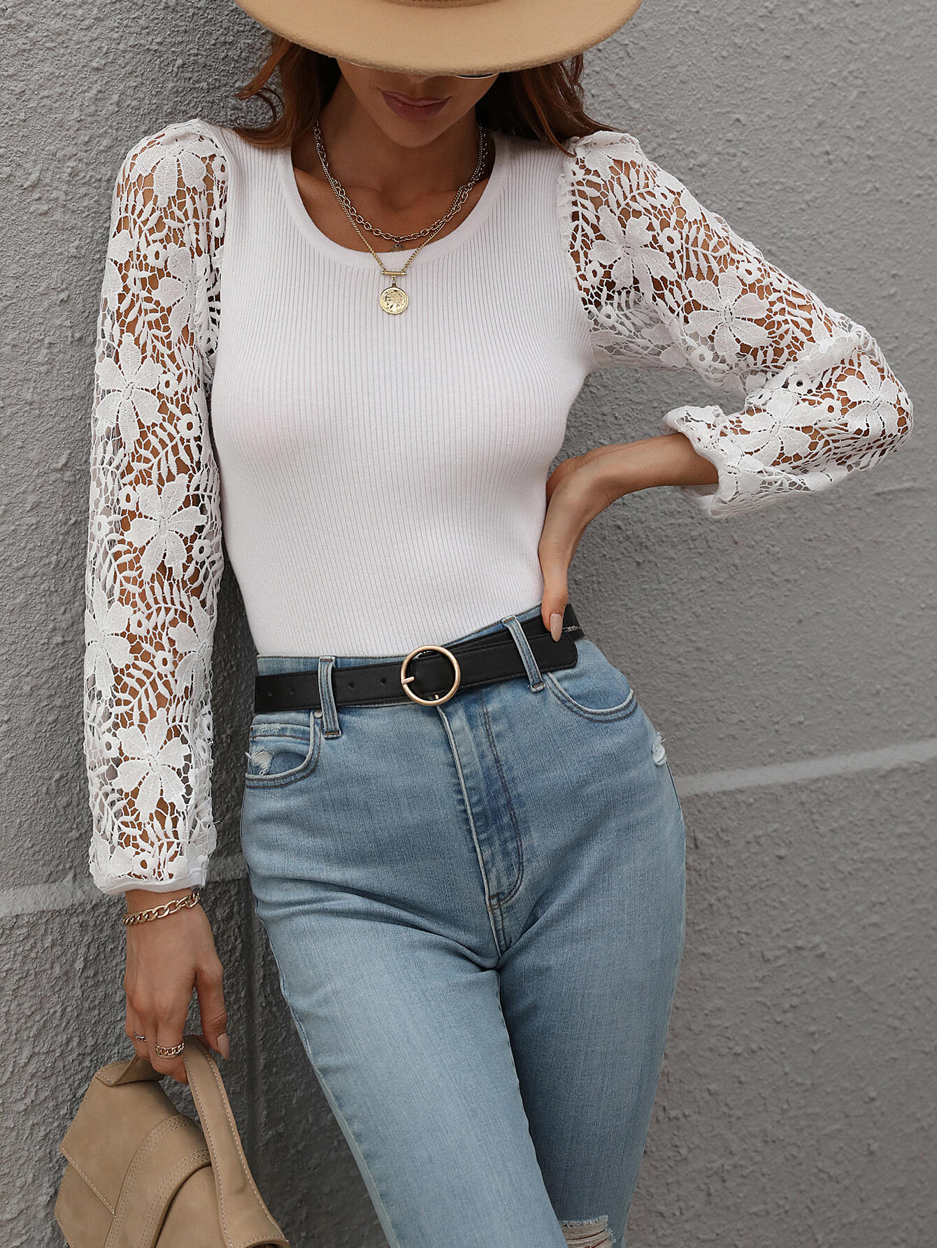 Lace Sleeve Round Neck Ribbed Top  Shirts & Tops- Doll Fits