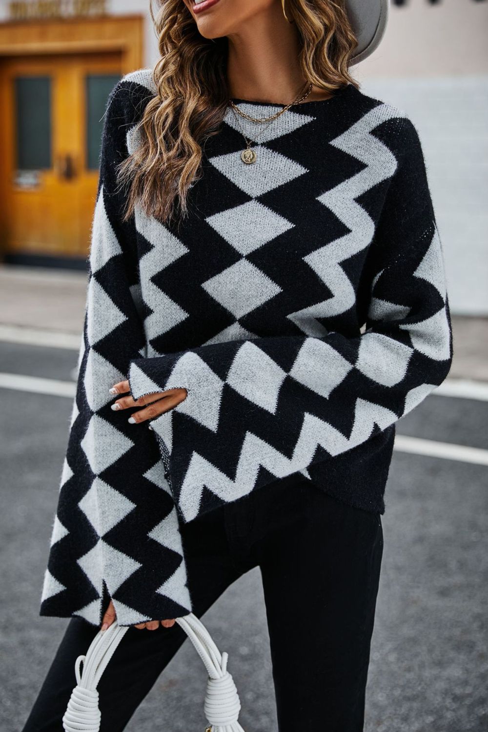 Geometric Slit Flare Sleeve Round Neck Sweater  Shirts & Tops- Doll Fits