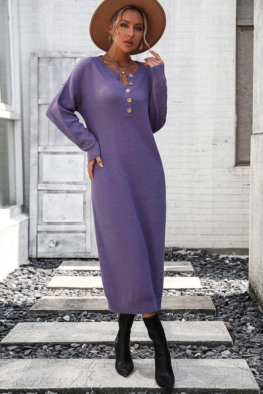 Notched Neck Dropped Shoulder Button-Down Midi Dress  Dresses- Doll Fits