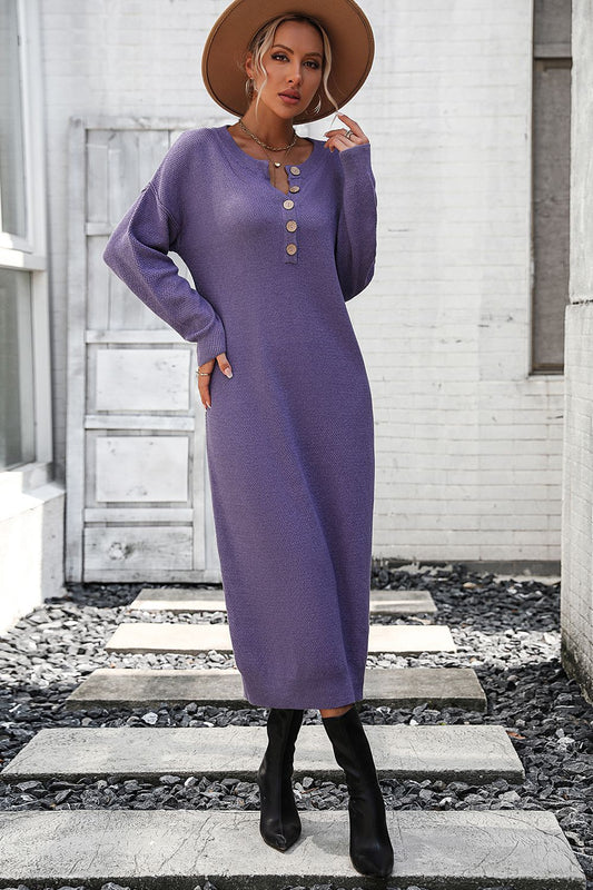 Notched Neck Dropped Shoulder Button-Down Midi Dress  Dresses- Doll Fits