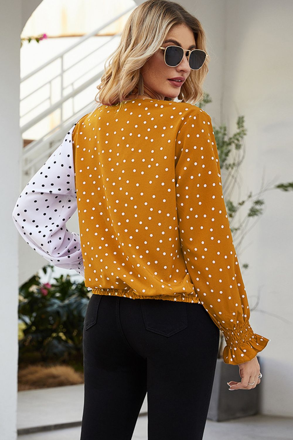 Polka Dot Surplice Neck Lantern Sleeve Blouse  - Doll Fits