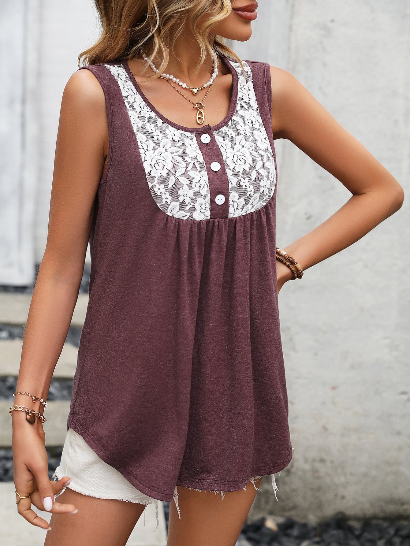 Lace Contrast Scoop Neck Tank  Shirts & Tops- Doll Fits