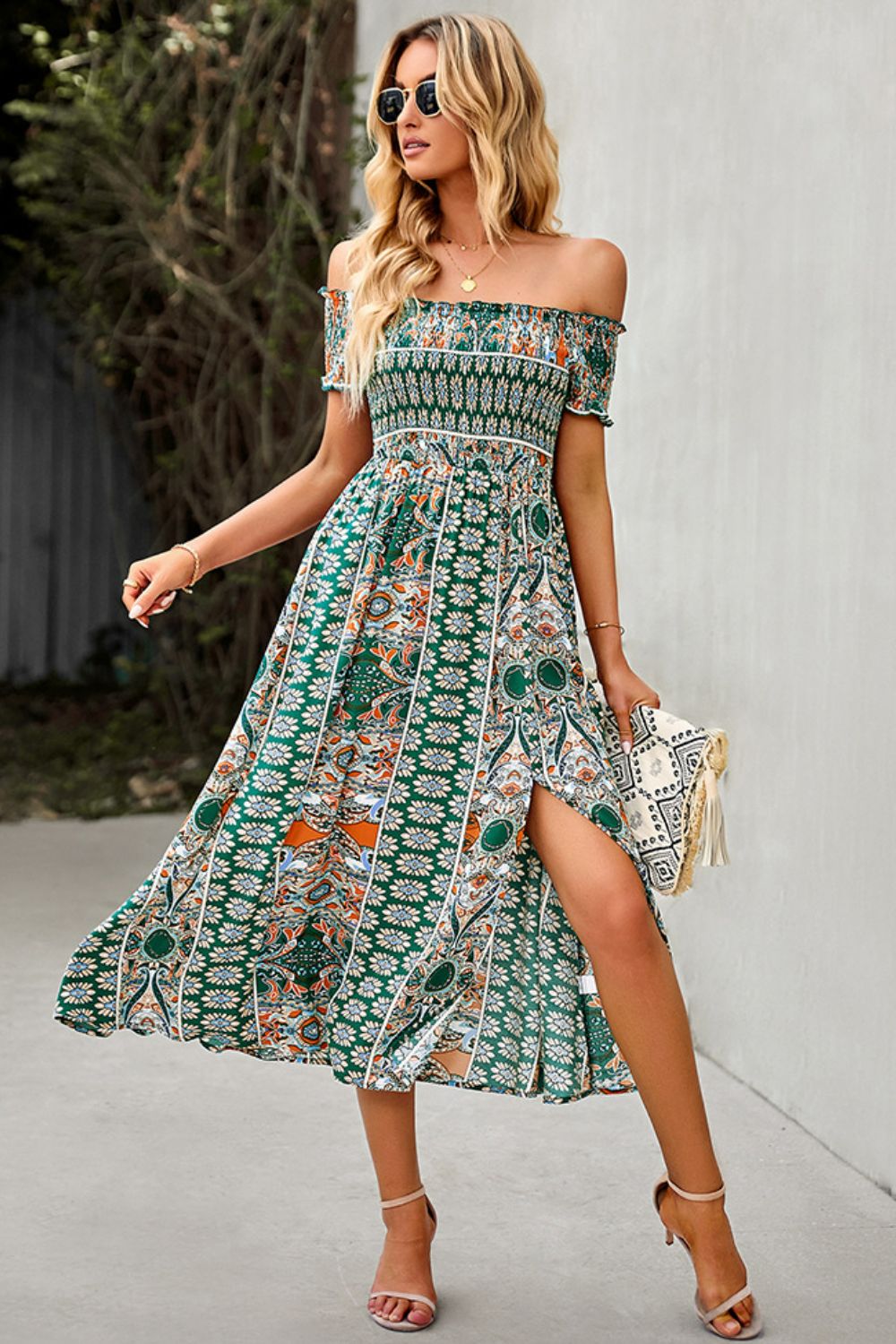 Bohemian Off-Shoulder Frill Trim Split Dress  Dresses- Doll Fits