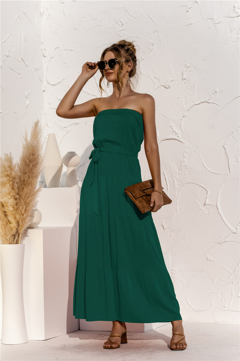 Strapless Tie Waist Tiered Maxi Dress  Dresses- Doll Fits