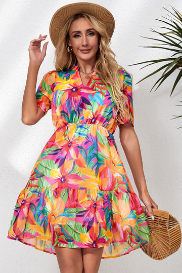 Floral Notched Neck Short Sleeve Dress  Dresses- Doll Fits