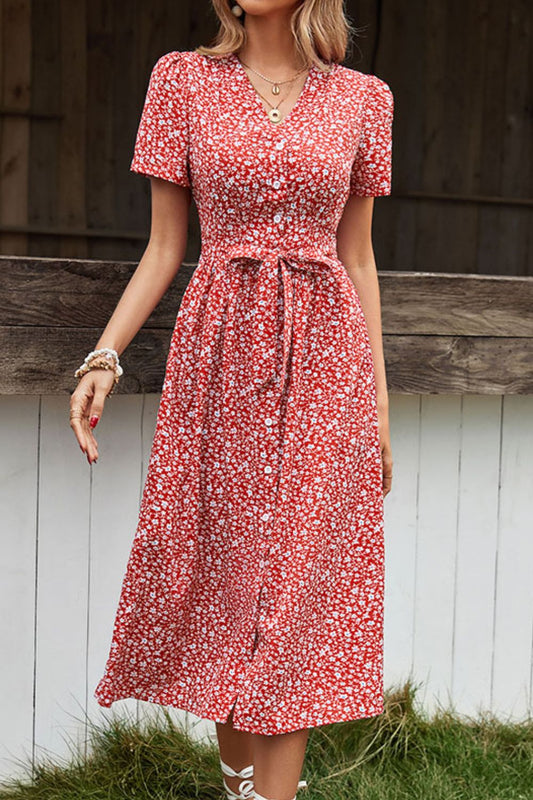 Ditsy Floral Button Front Tied Puff Sleeve Dress  Dresses- Doll Fits