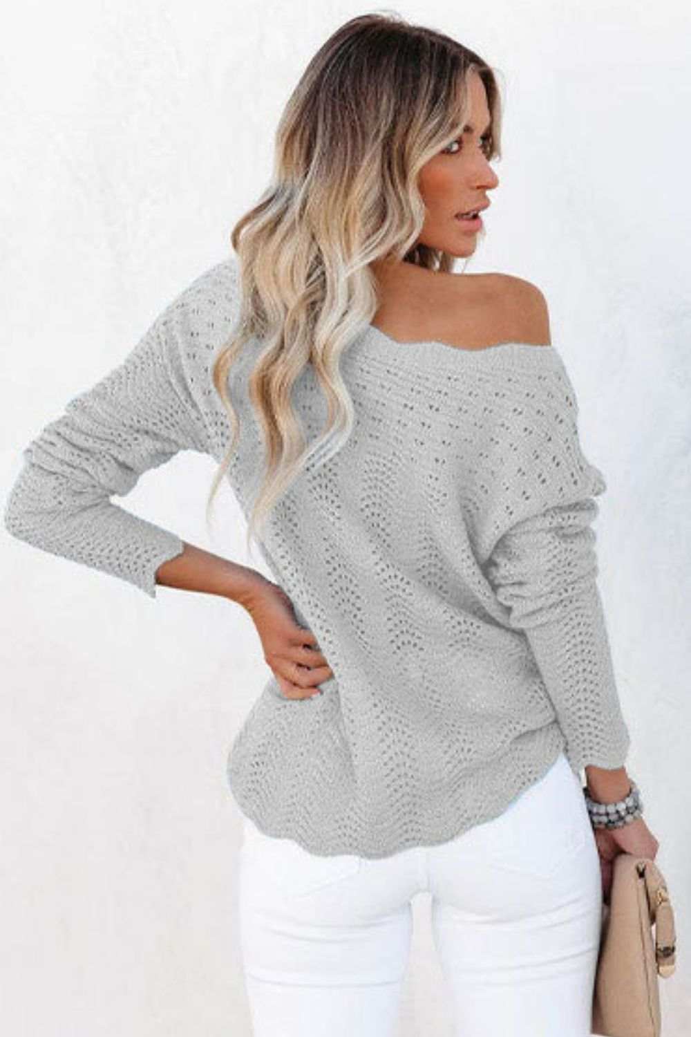 Scalloped Boat Neck Openwork Tunic Sweater  Shirts & Tops- Doll Fits