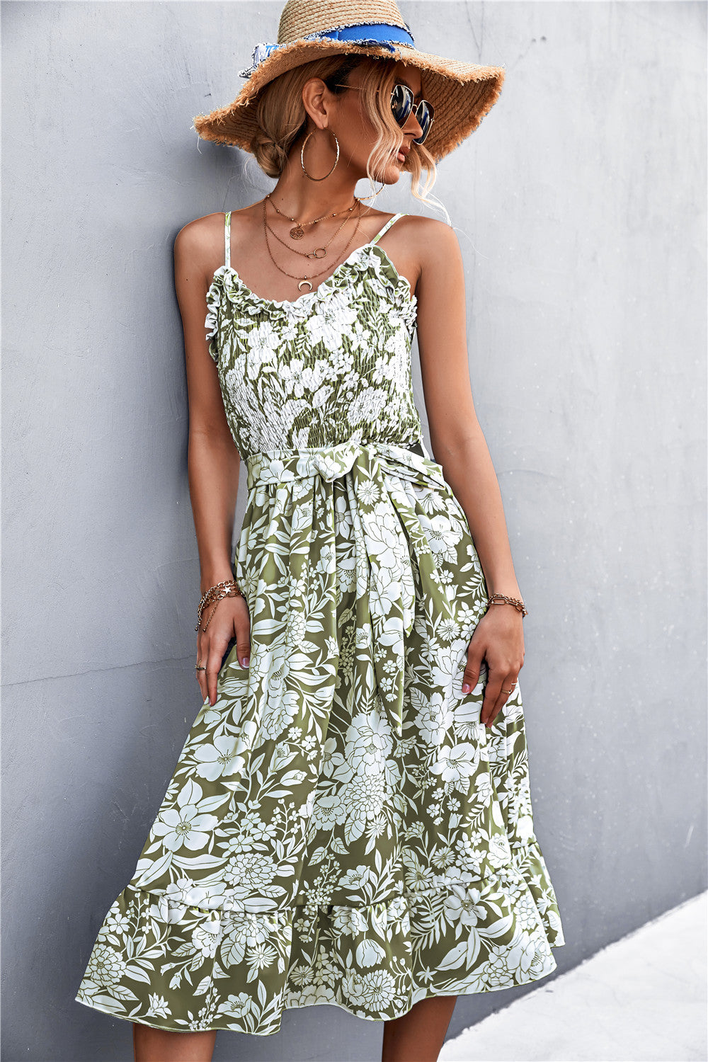 Floral Frill Trim Scoop Neck Spaghetti Strap Dress  Dresses- Doll Fits