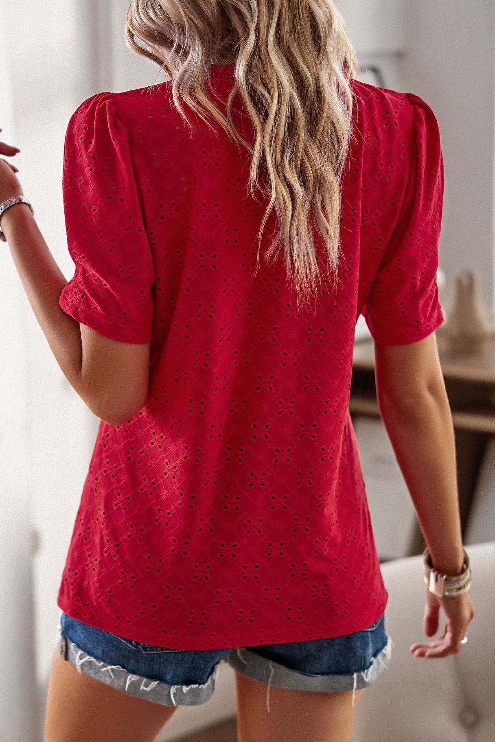 Spliced Lace Short Puff Sleeve Top  Shirts & Tops- Doll Fits