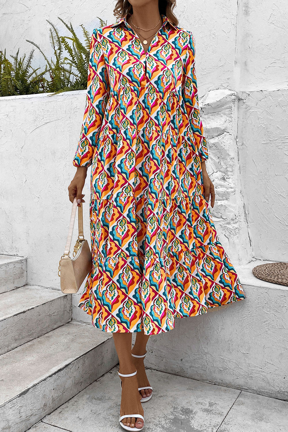 Printed Collared Neck Long Sleeve Dress  Dresses- Doll Fits
