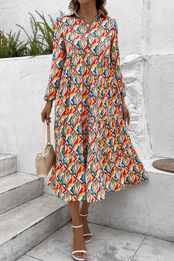 Printed Collared Neck Long Sleeve Dress  Dresses- Doll Fits