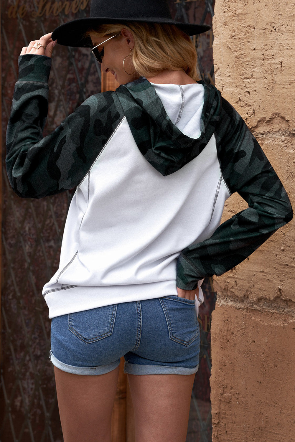 Camouflage Raglan Sleeve Exposed Seam Hoodie  Shirts & Tops- Doll Fits
