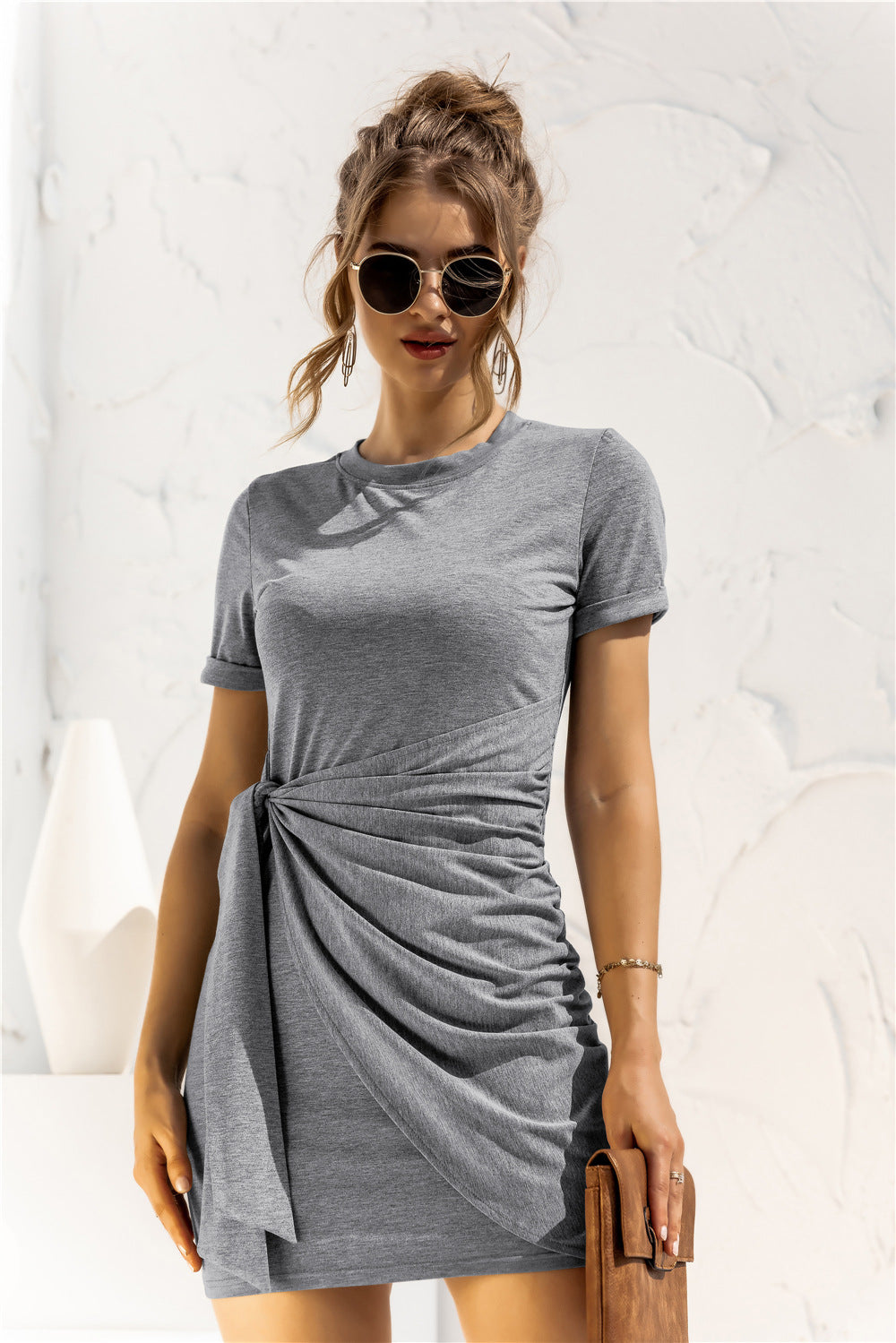 Round Neck Cuffed Sleeve Side Tie Dress  Dresses- Doll Fits