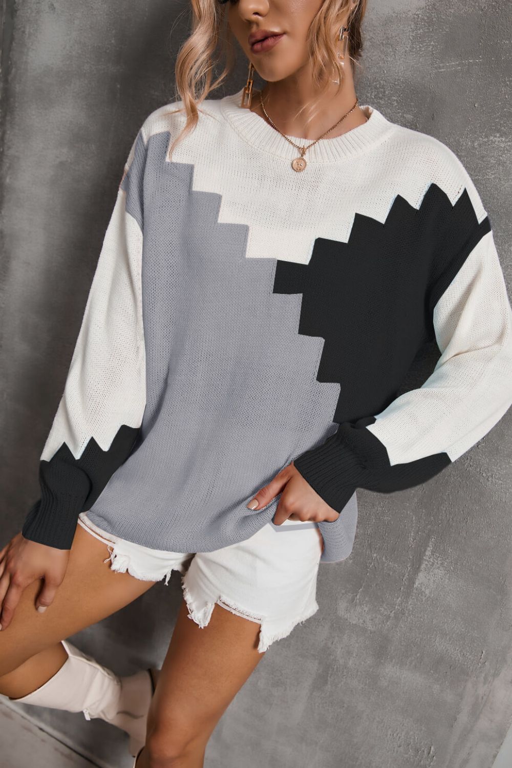 Color Block Dropped Shoulder Knit Pullover  Shirts & Tops- Doll Fits