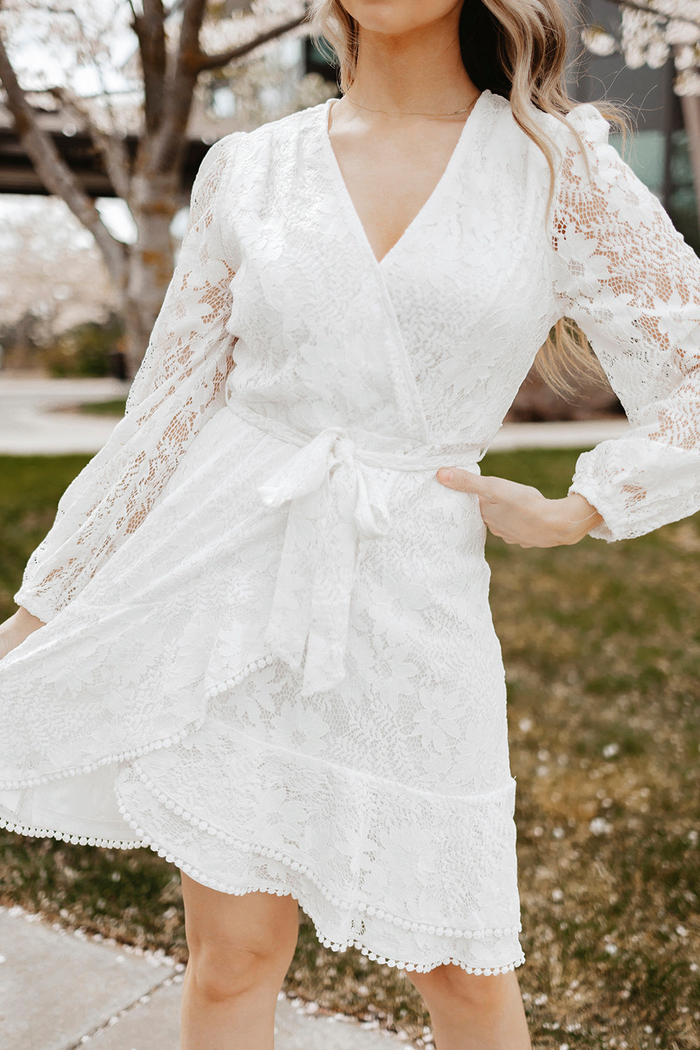 Pompom Trim Puff Sleeve Belted Lace Dress  Dresses- Doll Fits